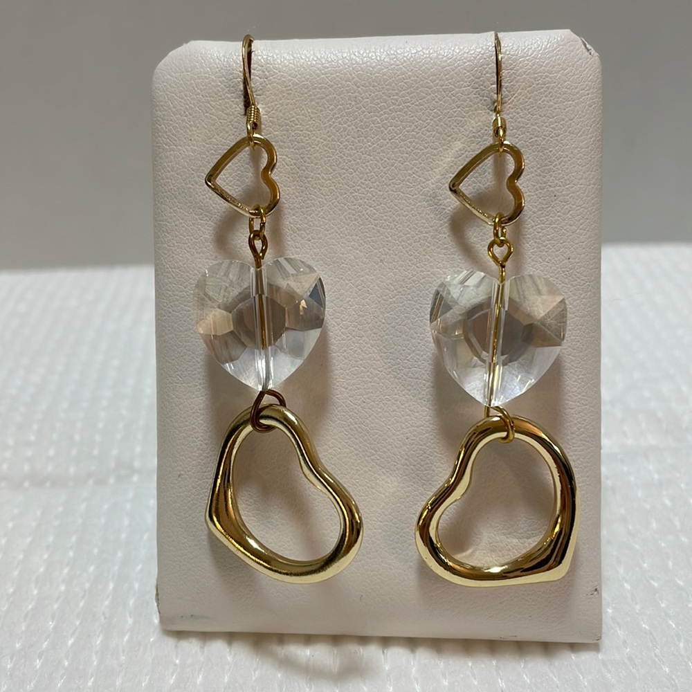 Gold and Crystal Heart Dangle Earrings 22K GP Ear Wires - Picture 2 of 6